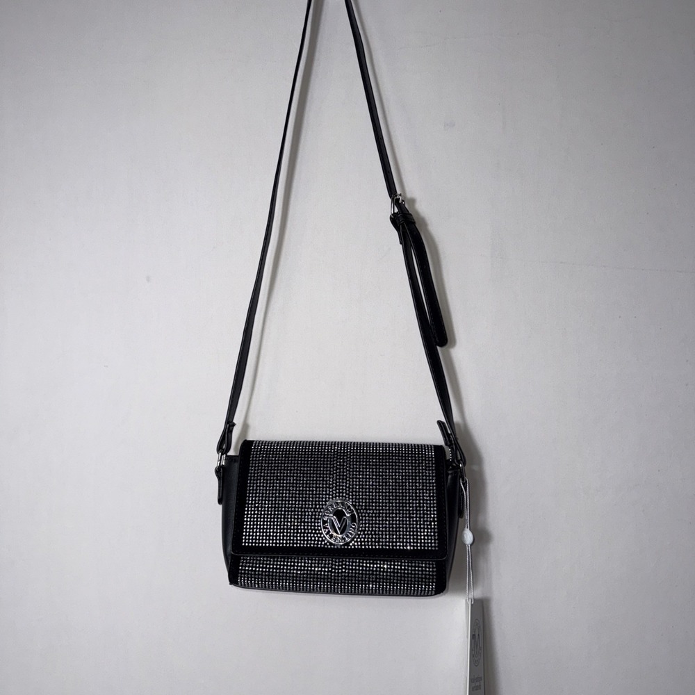 Valentino Orlandi Silver Rhinestone Studded Black Crossbody Bag Purse MSRP $199 - Picture 4 of 16